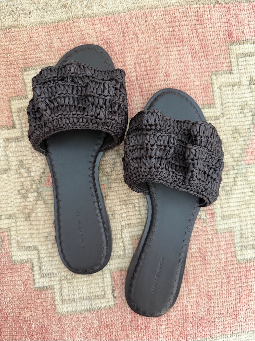 Tory Burch Dark Brown Woven Raffia Slide Sandals